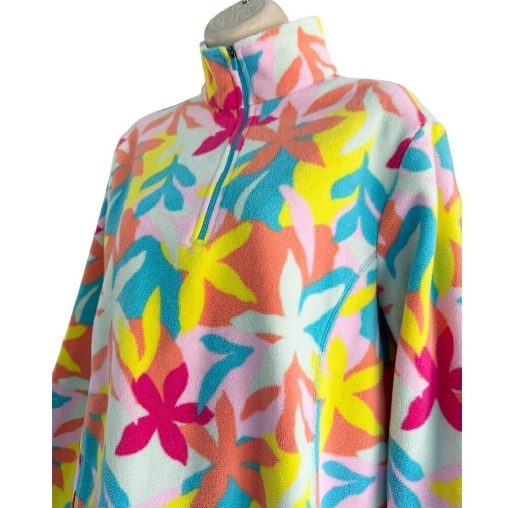Land's End Womens Sz M/T Starfish Multi Color Bright Fleece Quarter Zip Pullover
